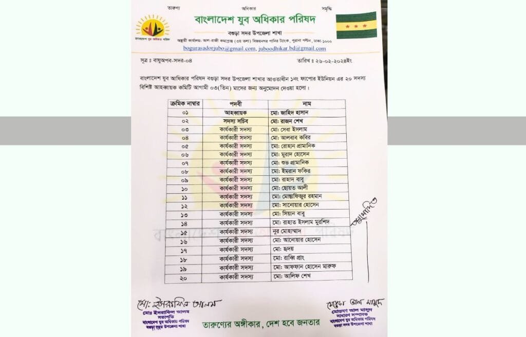বগুড়া ১নং ফাঁপোর ইউনিয়ন যুব অধিকার পরিষদের আহ্বায়ক কমিটি ঘোষণা