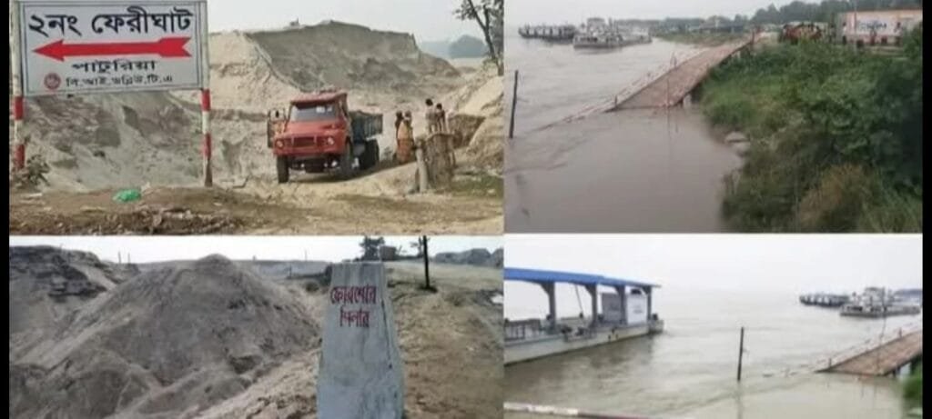 নদী থেকে মাটি তোলায় ভেঙ্গে গেছে পাটুরিয়া লঞ্চ ঘাটের জেটি; ঝুঁকিতে ফেরি ঘাট
