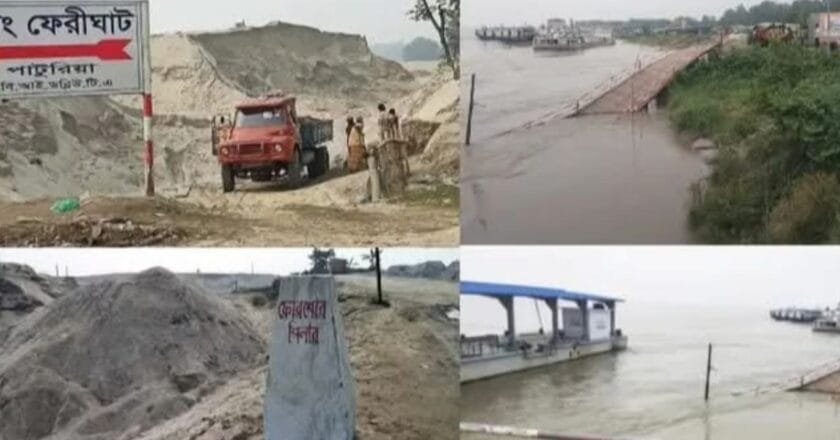 নদী থেকে মাটি তোলায় ভেঙ্গে গেছে পাটুরিয়া লঞ্চ ঘাটের জেটি; ঝুঁকিতে ফেরি ঘাট