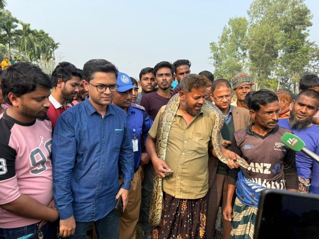 ভূরুঙ্গামারীতে ৯ ফুট লম্বা অজগর উদ্ধার নিরাপদে বন বিভাগে হস্তান্তর