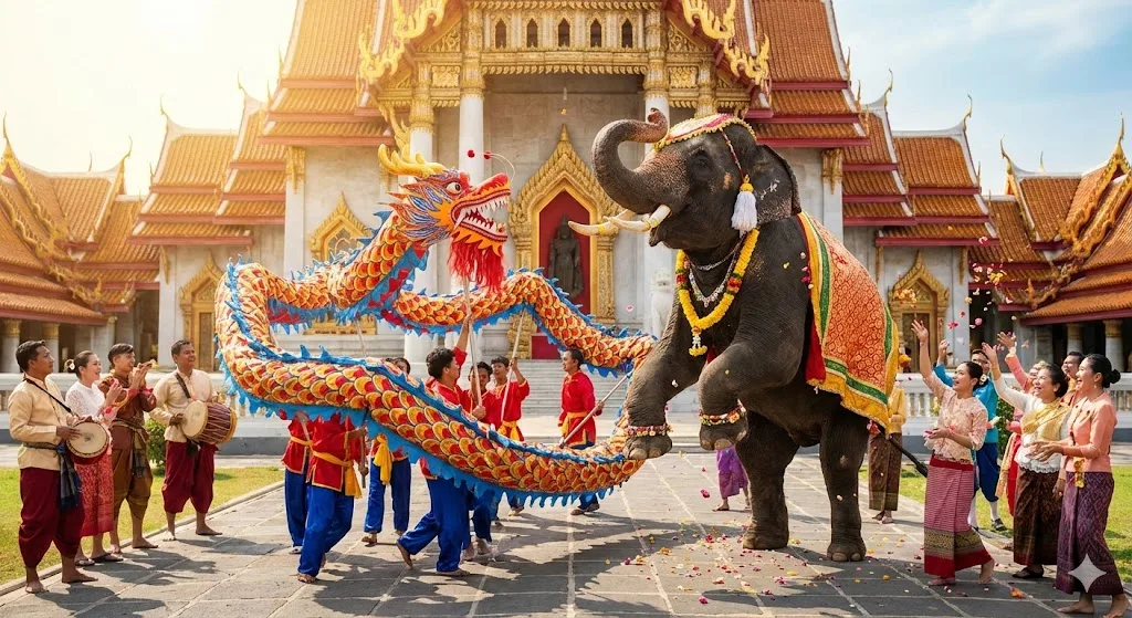 ড্রাগন, হাতি একসঙ্গে নাচছে