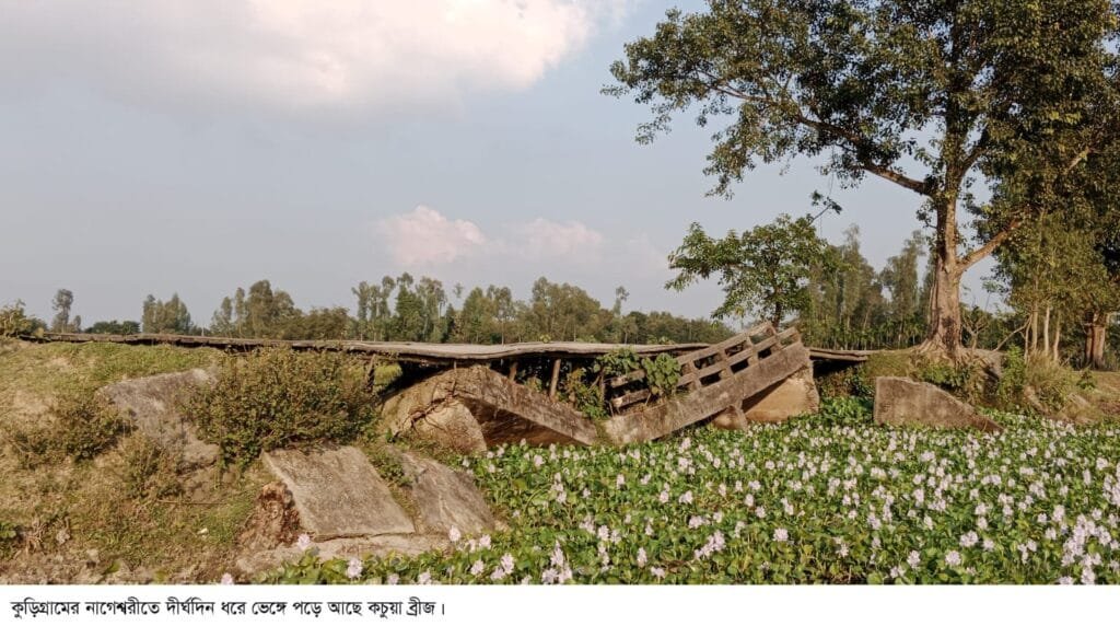 নাগেশ্বরীতে দীর্ঘদিন ধরে ভেঙ্গে পড়ে আছে কচুয়া ব্রীজ: দুর্ভোগে দুই পাড়ের মানুষ